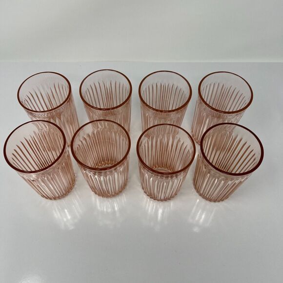 Vintage Pink Depression Tumblers Lace Edge 9 oz. Glasses Set of 8 - Picture 2 of 5
